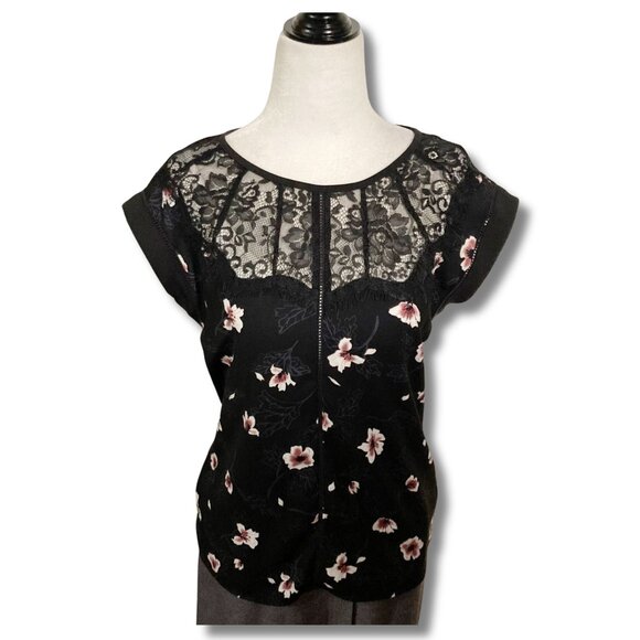 RW&CO Black cherry blossom print top w/ floral lace neckline ~ XS SMALL shirt - Picture 3 of 16